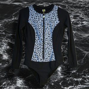 Next by Athena Good Karma Zip One Piece Swimsuit Black & Blue Cheetah sz L